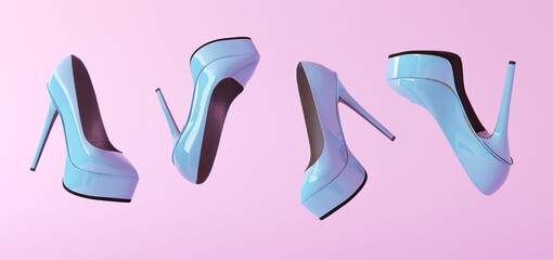Flying fashionable blue women's stilettos high heels shoes isolated on pink background. Trendy shoes float. Horizontal banner. Creative minimal fashion shoes background. 3d render illustration - obrazy, fototapety, plakaty