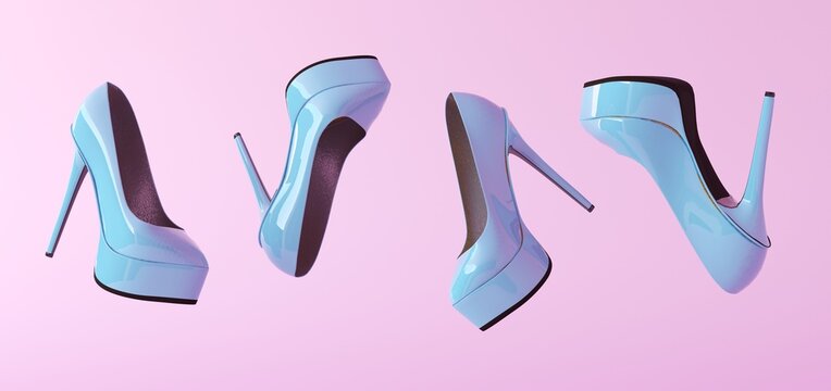Flying fashionable blue women's stilettos high heels shoes isolated on pink background. Trendy shoes float. Horizontal banner. Creative minimal fashion shoes background. 3d render illustration