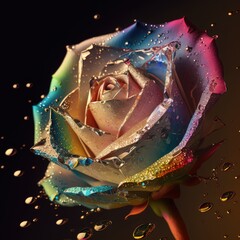Rose petals and waterdrops in rainbow lighting. AI generative