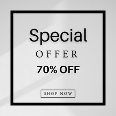 white black minimalist special offer 70% off post Banner Design Template.