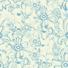 Obraz premium Groovy hippie 70s element in trendy flower and psychedelic style seamless vector pattern 