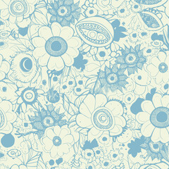 Groovy hippie 70s element in trendy flower and psychedelic style seamless vector pattern 