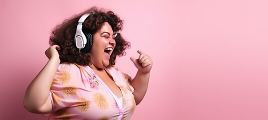 Obraz na płótnie Canvas Full Figured Woman Woman Singing with Headphones on a Pink Background with Space for Copy (Generative AI)