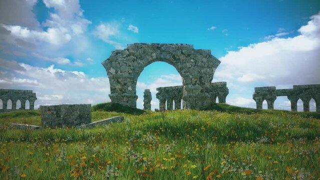 Ancient Ruins in a Flowers Field Landscape - Nature Fantasy Loop Background