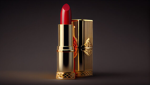 Luxury lipstick in gold tube, Shiny, elegant ,generative AI