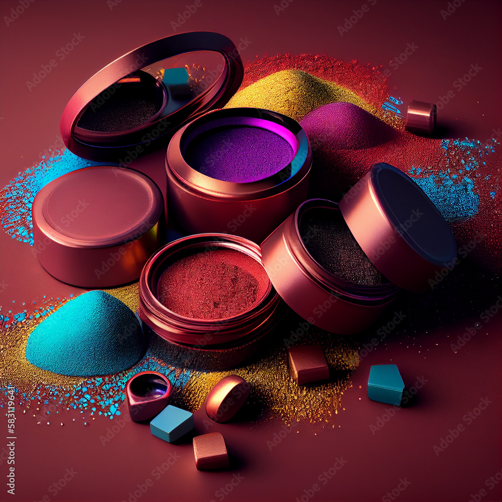 Poster multi colored eye shadow palette set in metallic case ,generative ai