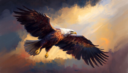Naklejka na ściany i meble eagle, a large bird of prey, flies against the sky, art illustration painted, generative ai