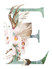 Watercolor green letter Z with antlers, dried leaves and tropical flowers bouquet, Boho illustration