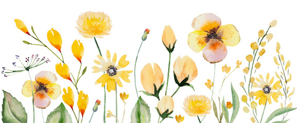 Border made of yellow watercolor wild flowers and leaves, summer illustration