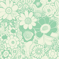 Groovy hippie 70s element in trendy flower and psychedelic style seamless vector pattern 