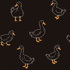 Goose in field grazing. Seamless trendy pattern with domestic fowl. Outline vector illustration for prints, clothing, packaging and postcards.