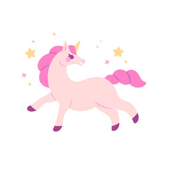 Cartoon fabulous unicorn character. Kawaii funny face. Stylized vector element for prints, clothing, pattern, packaging and postcards.