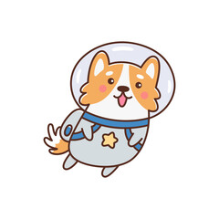 Welsh Corgi dog flying in weightlessness. Funny dog astronaut or cosmonaut soaring in the air. Cute animal in kawaii style. Vector illustration isolated on white background