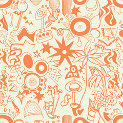 Groovy hippie 70s element in trendy flower and psychedelic style seamless vector pattern 