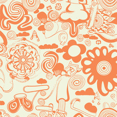 Groovy hippie 70s element in trendy flower and psychedelic style seamless vector pattern 