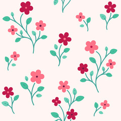 Simple seamless stylized floral pattern. Flat design print with flower bud and leaves. Contour vector print.