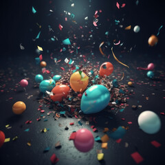 Air balloons and colored confetti on a dark background. AI generative.