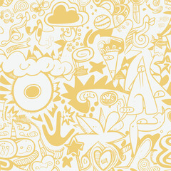 Groovy hippie 70s element in trendy flower and psychedelic style seamless vector pattern 