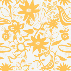 Groovy hippie 70s element in trendy flower and psychedelic style seamless vector pattern 