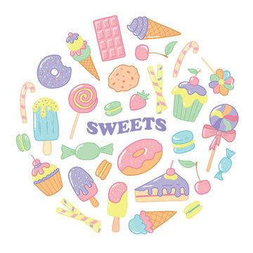 set of cute hand drawn sweet desserts, cartoon snacks, fast food. Good for prints, stickers, pins, sublimation, clip art, cards, etc. EPS 10