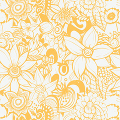 Groovy hippie 70s element in trendy flower and psychedelic style seamless vector pattern 