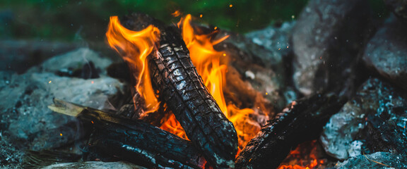 Vivid smoldered firewoods burned in fire close-up. Atmospheric background with orange flame of...
