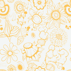 Groovy hippie 70s element in trendy flower and psychedelic style seamless vector pattern 