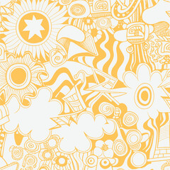 Groovy hippie 70s element in trendy flower and psychedelic style seamless vector pattern 