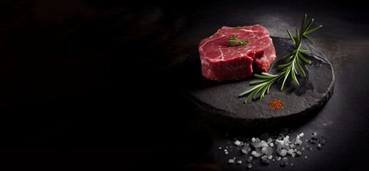 raw beef pieces on a stone board on a background of bla