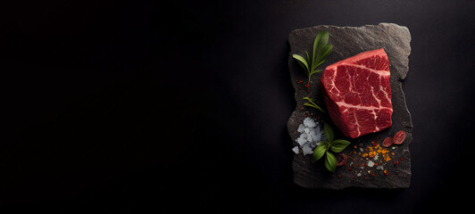 raw beef pieces on a stone board on a background on black background
