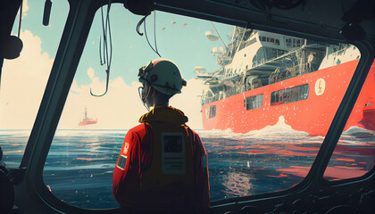 lifeguard approaching ship at blue sea.