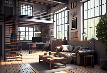 Fototapeta na wymiar Living room loft in industrial style ,3d render. Generate Ai.