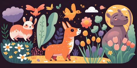 Joyful Jaunt: Spring Background Aesthetic with Cheerful Colors and Happy Animals