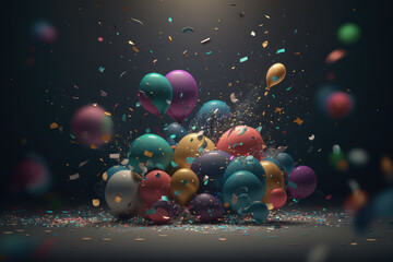 Air balloons and confetti on a black background. AI generative.