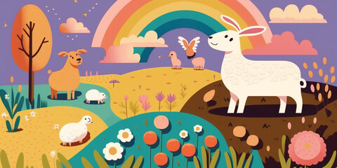 Naklejka premium Joyful Jaunt: Spring Background Aesthetic with Cheerful Colors and Happy Animals