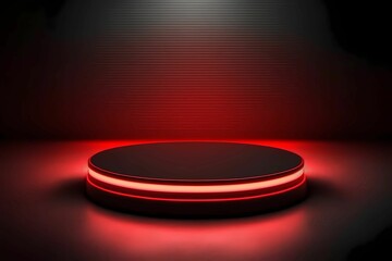 Empty podium floating in the air with neon rings in the background and hologram of digital rings on the floor. Generative AI 