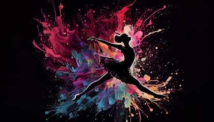 Ballet dancer splash colorful illustration, black background with copy space . Generate Ai.