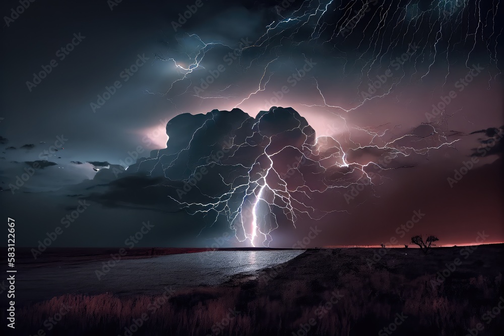 Poster nighttime thunderstorm, with lightning illuminating the sky and raindrops hitting the ground, create