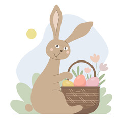 Happy Easter card with a cartoon rabbit. Funny bunny with a basket of eggs and flowers.