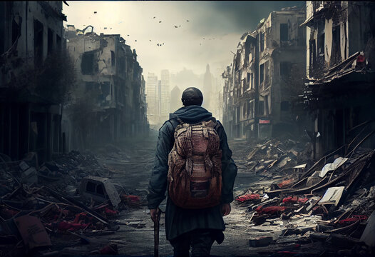 A Refugee And Displaced By War Or A Natural Disaster Walking Through The Streets Of A Destroyed City. Generate Ai.