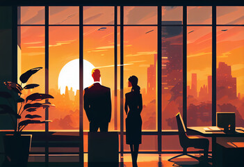 A business executive couple by a large window in the office at sunset taking a break from work. Generate Ai.