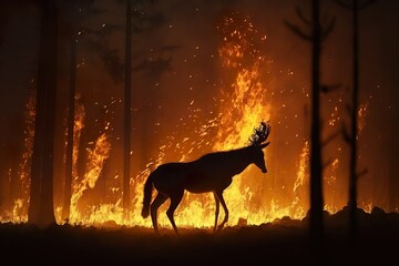 Forest fire at night. Megafire. Animals running from fire. Climate change concept. Generative AI