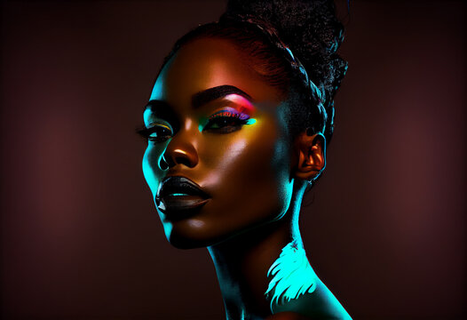Fashion portrait beautiful black woman, look at camera, in neon studio lighting. Generate Ai.