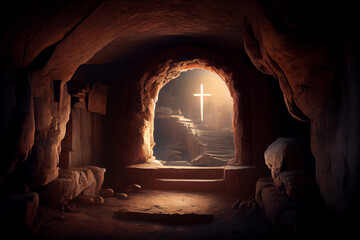 Jesus is risen, illustration of an empty tomb from inside, with a cross in the background. Easter card illustration.