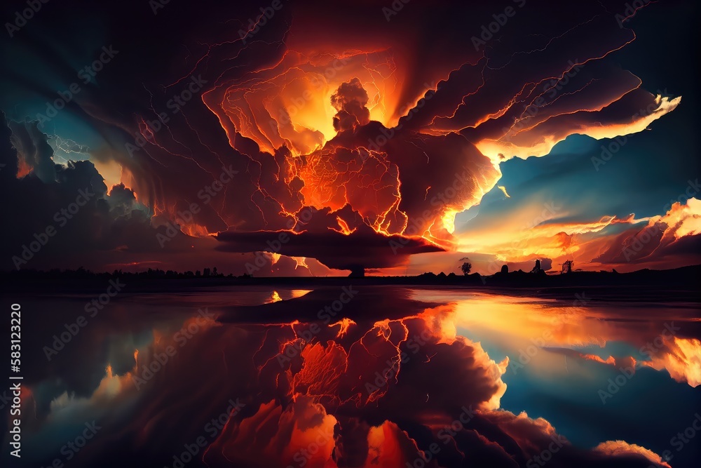 Wall mural dramatic thunderstorm at sunset, with the sky awash in warm colors, created with generative ai