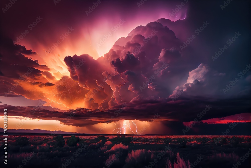 Wall mural dramatic thunderstorm at sunset, with the sun setting behind storm clouds, created with generative ai