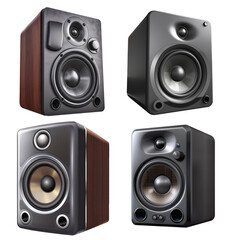 Collection of four different old first generation desktop pc speakers on a transparent background, Generative AI