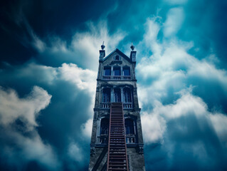 Fototapeta na wymiar Tower-like old house with ladder to the second floor. Creepy mysterious building at backdrop of dramatic skies. Generative AI.