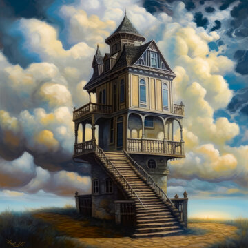 Unusual fairy three-storied house with an attic. Building with large stairs and wooden handrails. Cloudy sky at backdrop. Generative AI.