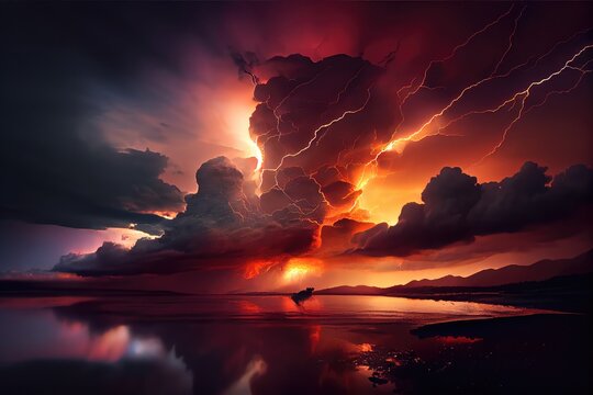 dramatic sunset, with thunderclouds and lightning visible in the sky, created with generative ai